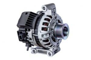 Car alternator with shallow depth of field on white background